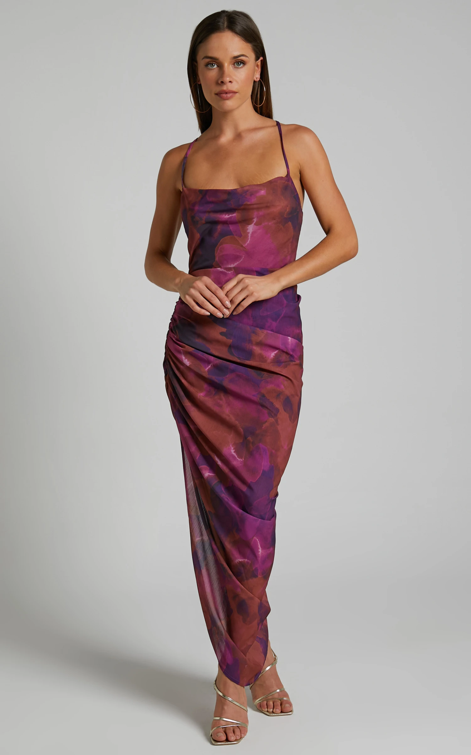 Showpo Hermae Ruched Side Split Tie Back Slip Midi Dress In Blurred Dreams 4 Showpo Hermae Ruched Side Split Tie Back Slip Midi Dress In Blurred Dreams - Image 4