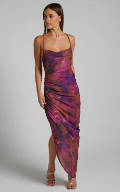 Showpo Hermae Ruched Side Split Tie Back Slip Midi Dress In Blurred Dreams 13 Showpo Hermae Ruched Side Split Tie Back Slip Midi Dress In Blurred Dreams -Showpo Women's Clothing Store Hermae Ruched Side Split Tie Back Slip Midi Dress in Blurred Dreams 3