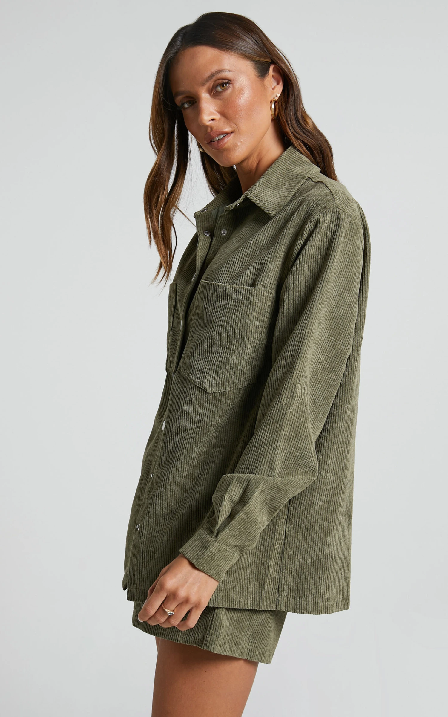 Showpo Hillevi Corduroy Shacket In Olive 5 Showpo Hillevi Corduroy Shacket In Olive - Image 5