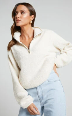 Showpo Holly Quarter Zip Teddy Jumper In White -Showpo Women's Clothing Store Holly Quarter Zip Teddy Jumper in White 5