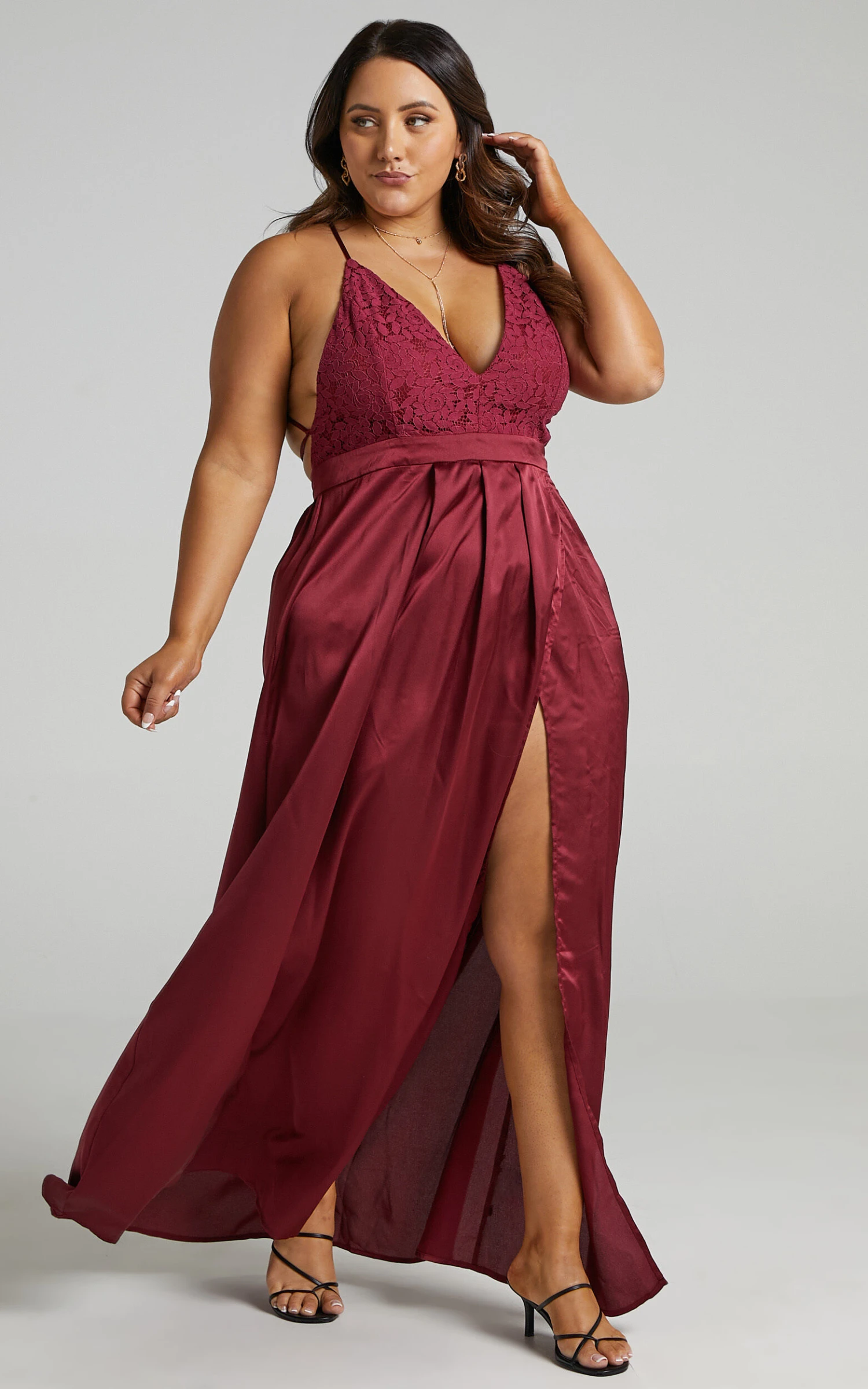 Showpo Inspired Tribe Plunge Neckline Thigh Split Maxi Dress In Wine 5 Showpo Inspired Tribe Plunge Neckline Thigh Split Maxi Dress In Wine - Image 5