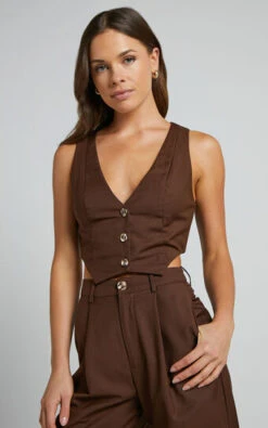 Showpo Izara Vest - V Neck Button Up Cropped Vest In Chocolate