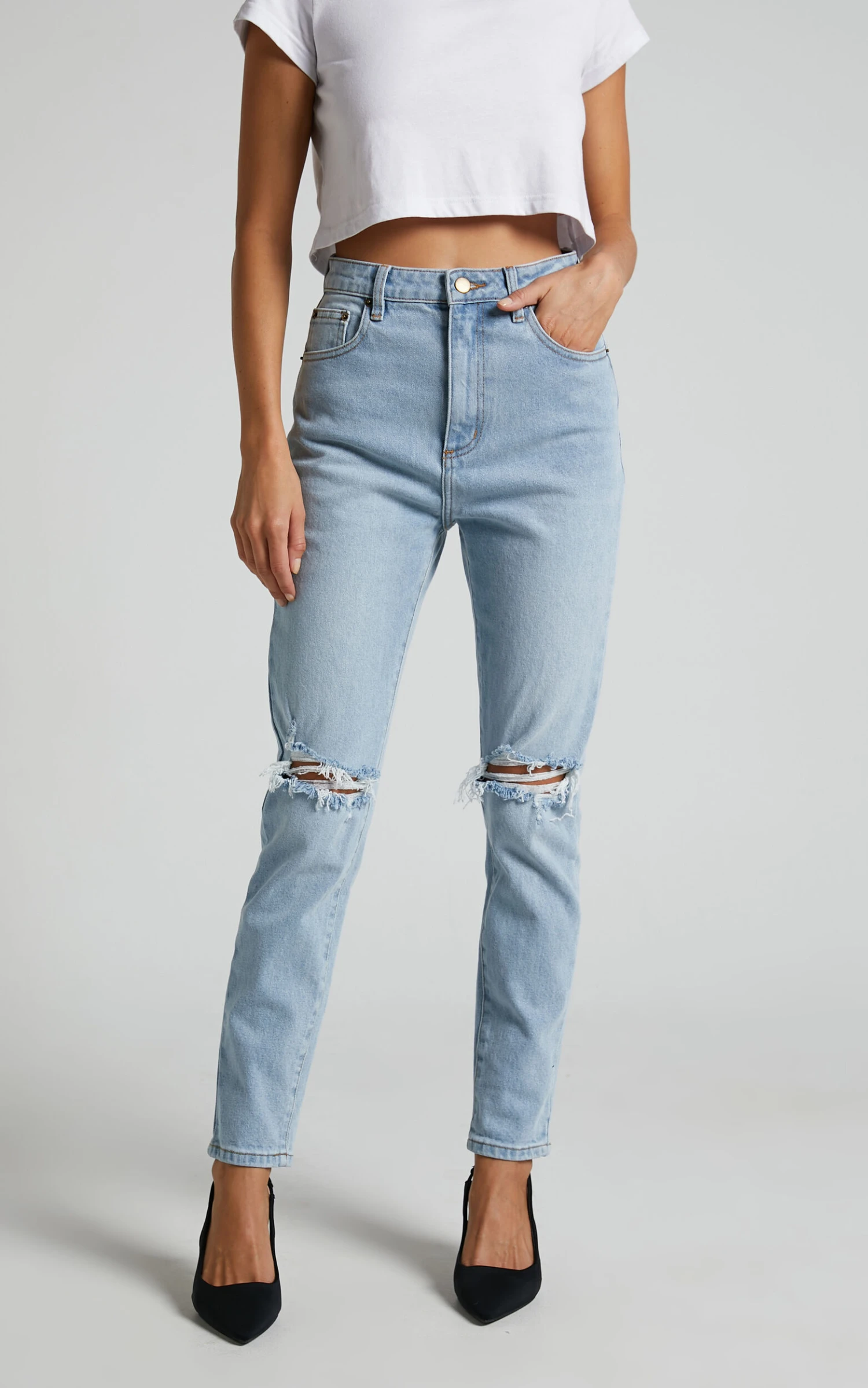 Showpo Izira High Waisted Ripped Mom Jeans In Mid Blue Wash 7 Showpo Izira High Waisted Ripped Mom Jeans In Mid Blue Wash - Image 7