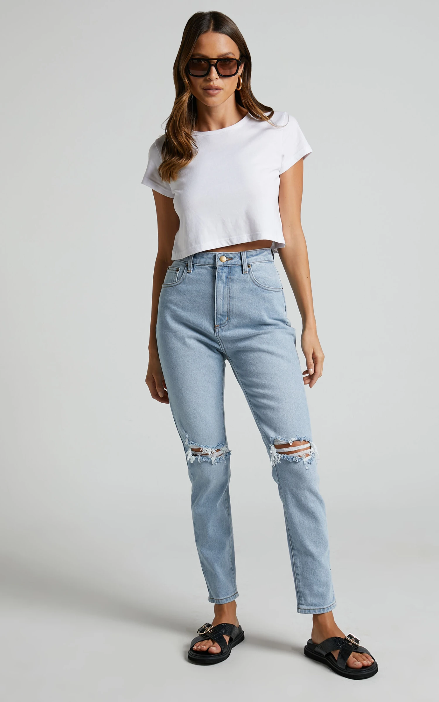 Showpo Izira High Waisted Ripped Mom Jeans In Mid Blue Wash 6 Showpo Izira High Waisted Ripped Mom Jeans In Mid Blue Wash - Image 6
