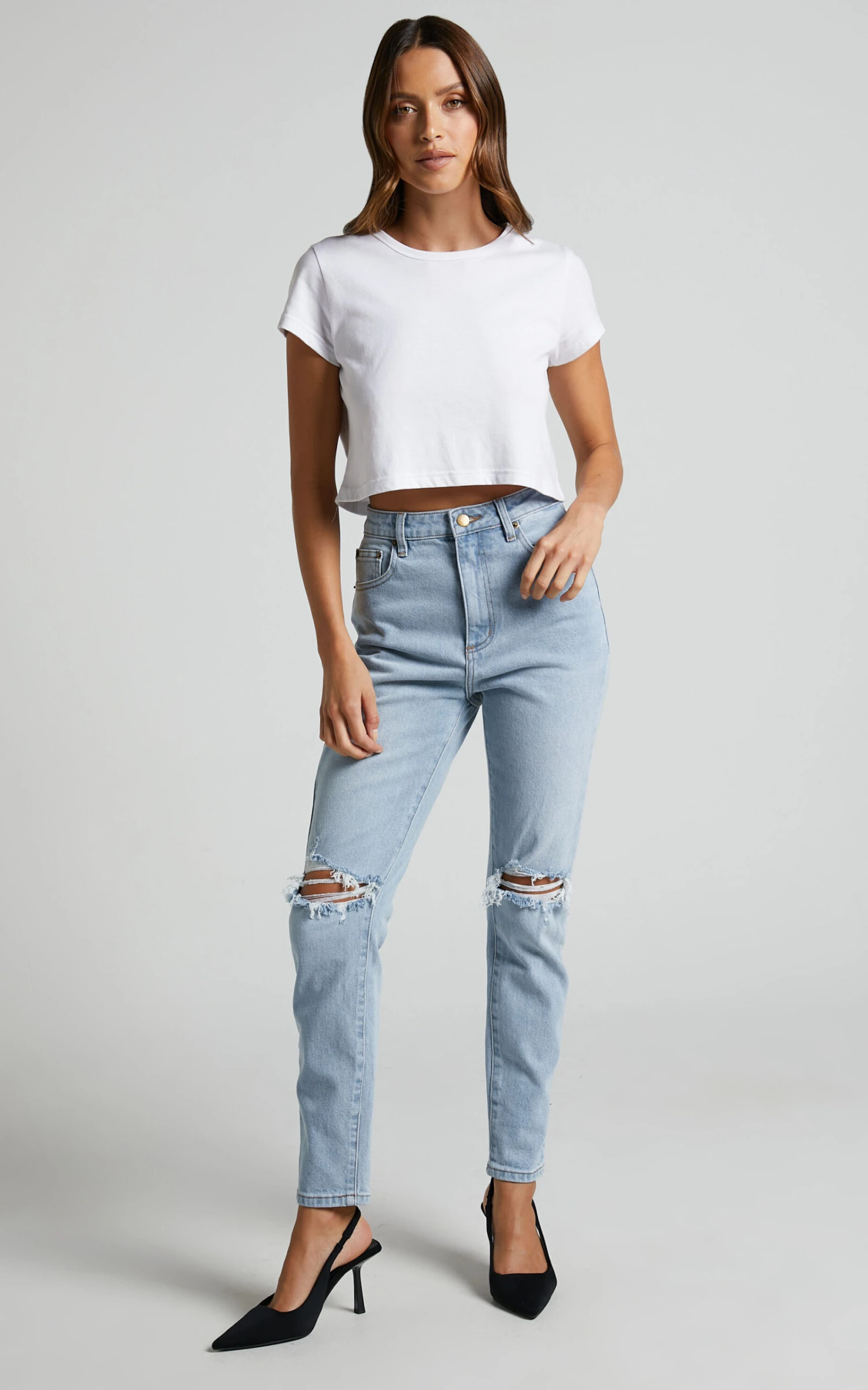 Showpo Izira High Waisted Ripped Mom Jeans In Mid Blue Wash 2 Showpo Izira High Waisted Ripped Mom Jeans In Mid Blue Wash - Image 2