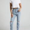 Showpo Izira High Waisted Ripped Mom Jeans In Mid Blue Wash