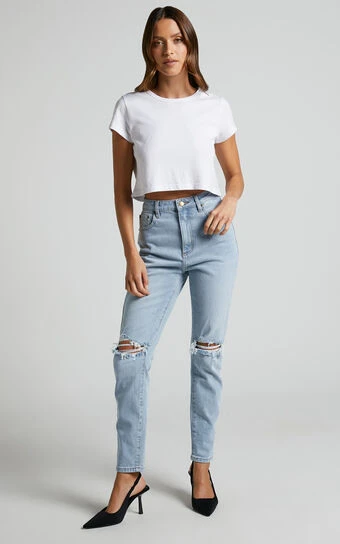 Showpo Izira High Waisted Ripped Mom Jeans In Mid Blue Wash 1 Showpo Izira High Waisted Ripped Mom Jeans In Mid Blue Wash