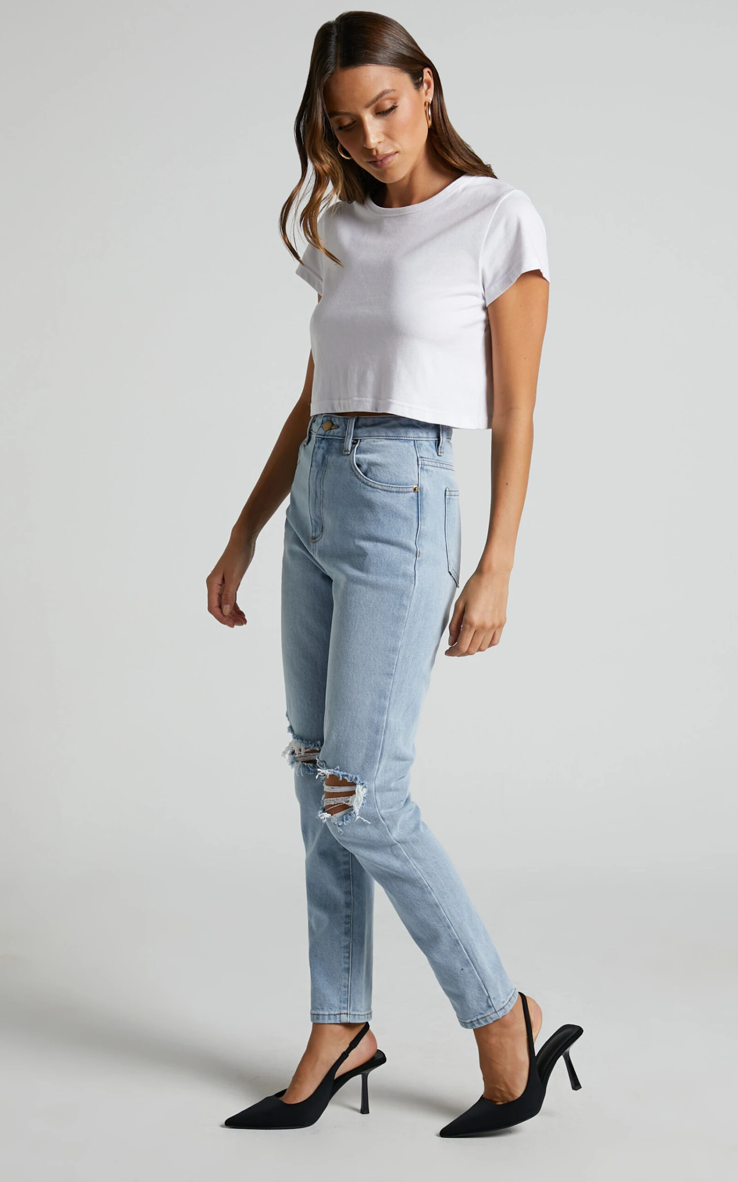 Showpo Izira High Waisted Ripped Mom Jeans In Mid Blue Wash 3 Showpo Izira High Waisted Ripped Mom Jeans In Mid Blue Wash - Image 3