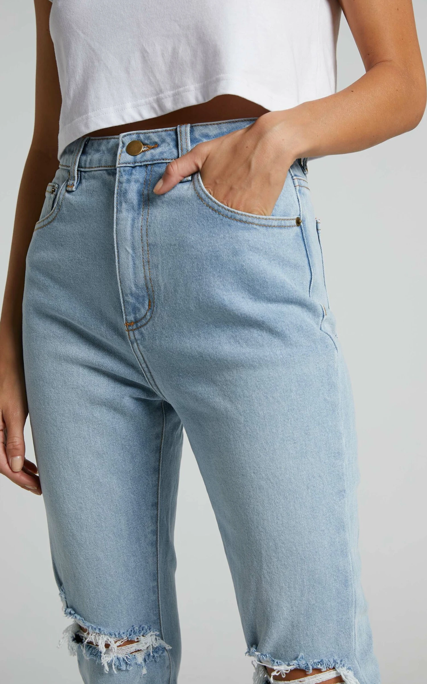 Showpo Izira High Waisted Ripped Mom Jeans In Mid Blue Wash 4 Showpo Izira High Waisted Ripped Mom Jeans In Mid Blue Wash - Image 4