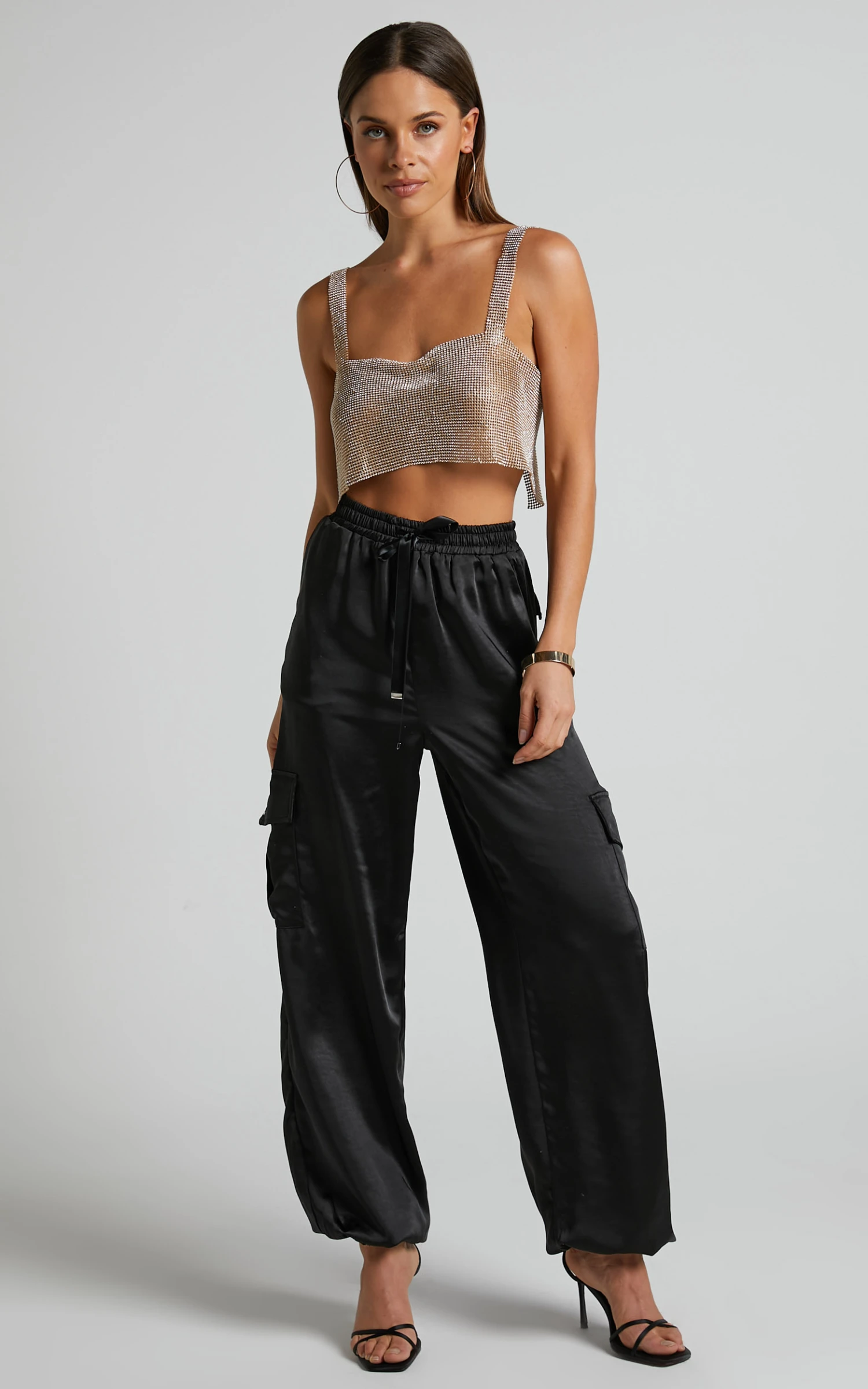 Showpo Jadeiah - Mid Rise Cargo Pocket Satin Jogger Pant In Black 4 Showpo Jadeiah - Mid Rise Cargo Pocket Satin Jogger Pant In Black - Image 4
