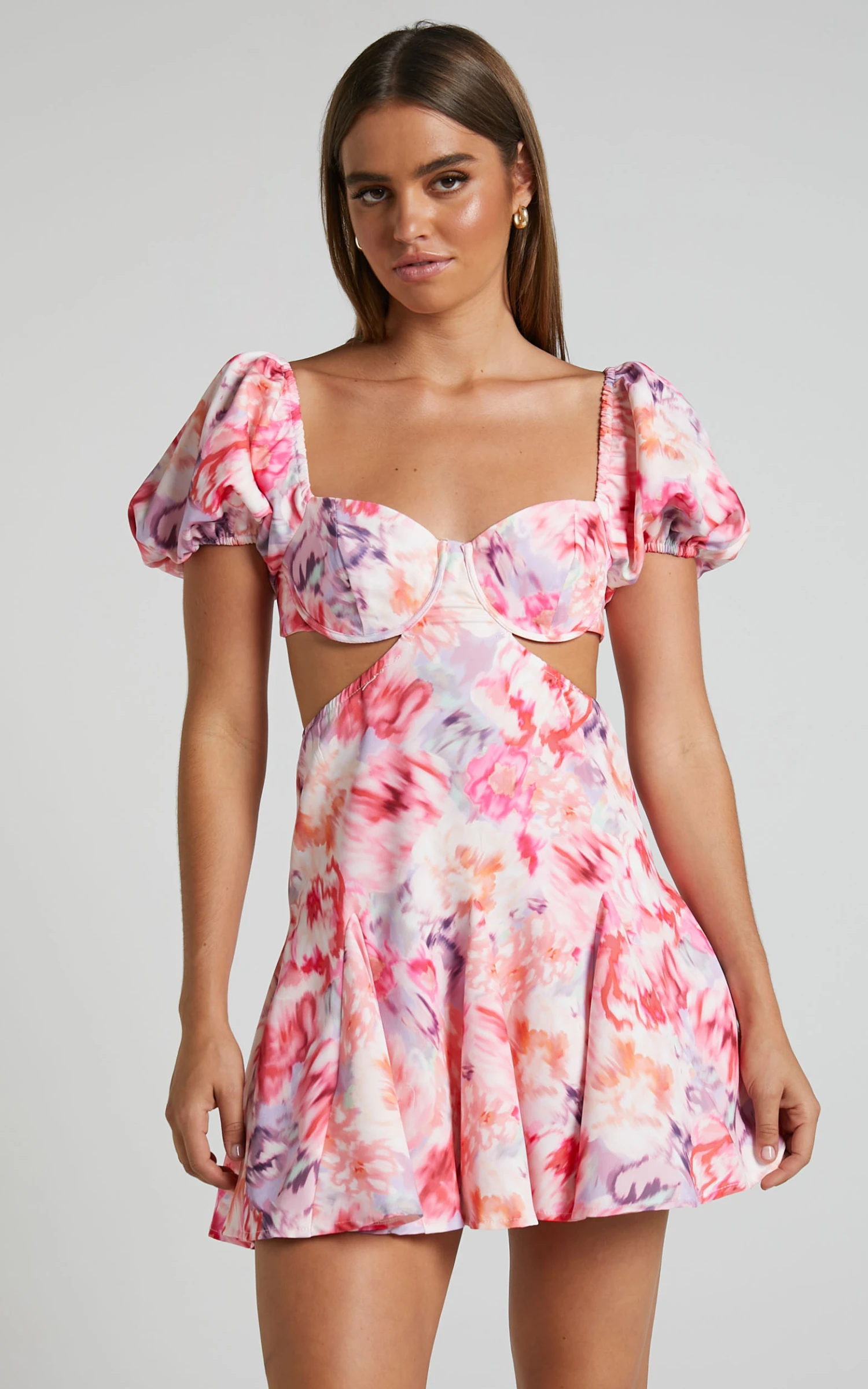 Showpo Janiena Puff Sleeve Fit And Flare Mini Dress In Meadow Blur Floral - Image 5