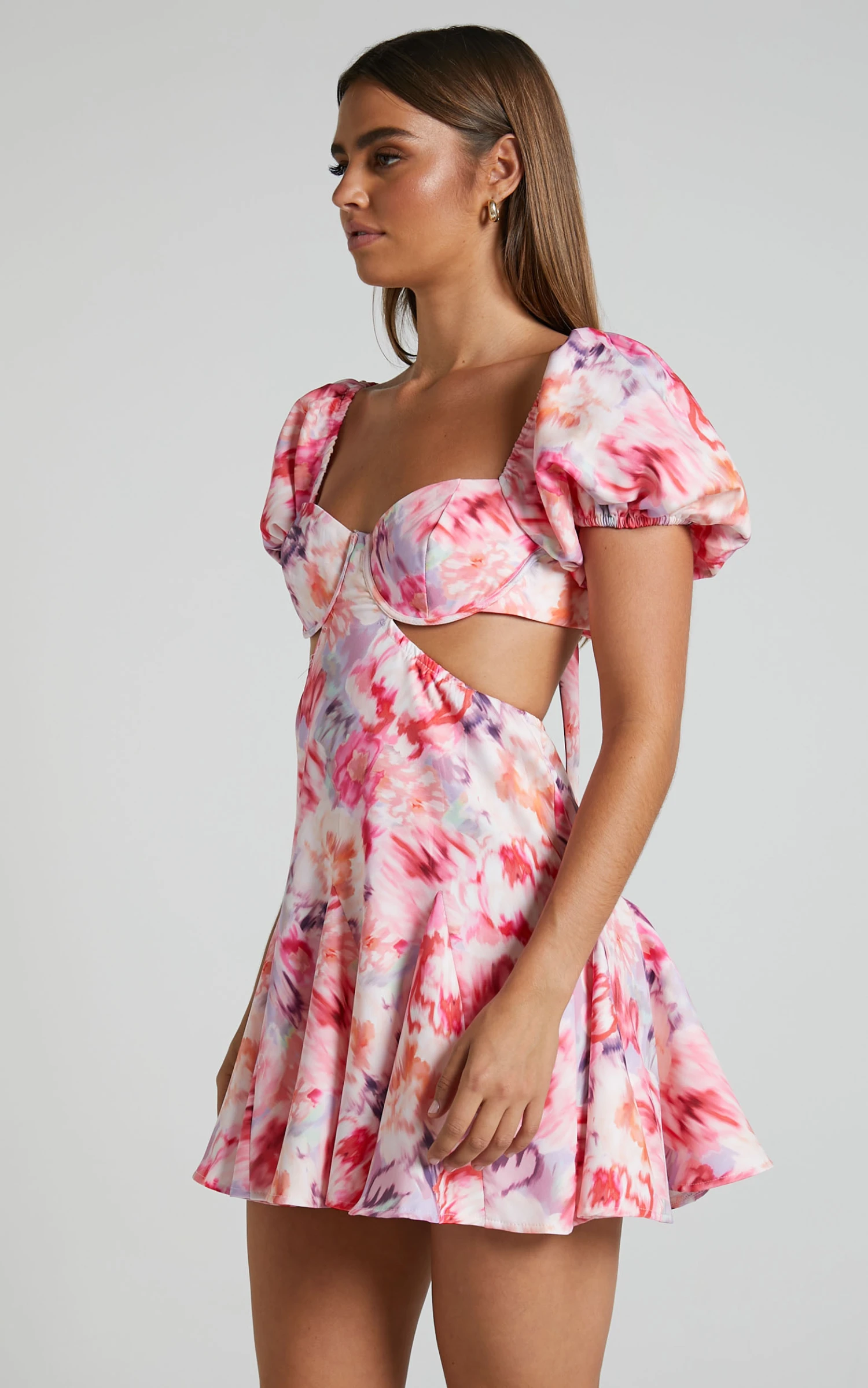 Showpo Janiena Puff Sleeve Fit And Flare Mini Dress In Meadow Blur Floral - Image 6