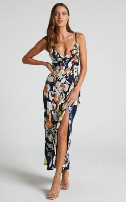Showpo Jarrah Midi Dress - V Neck Thigh Split Slip Dress In Navy Floral