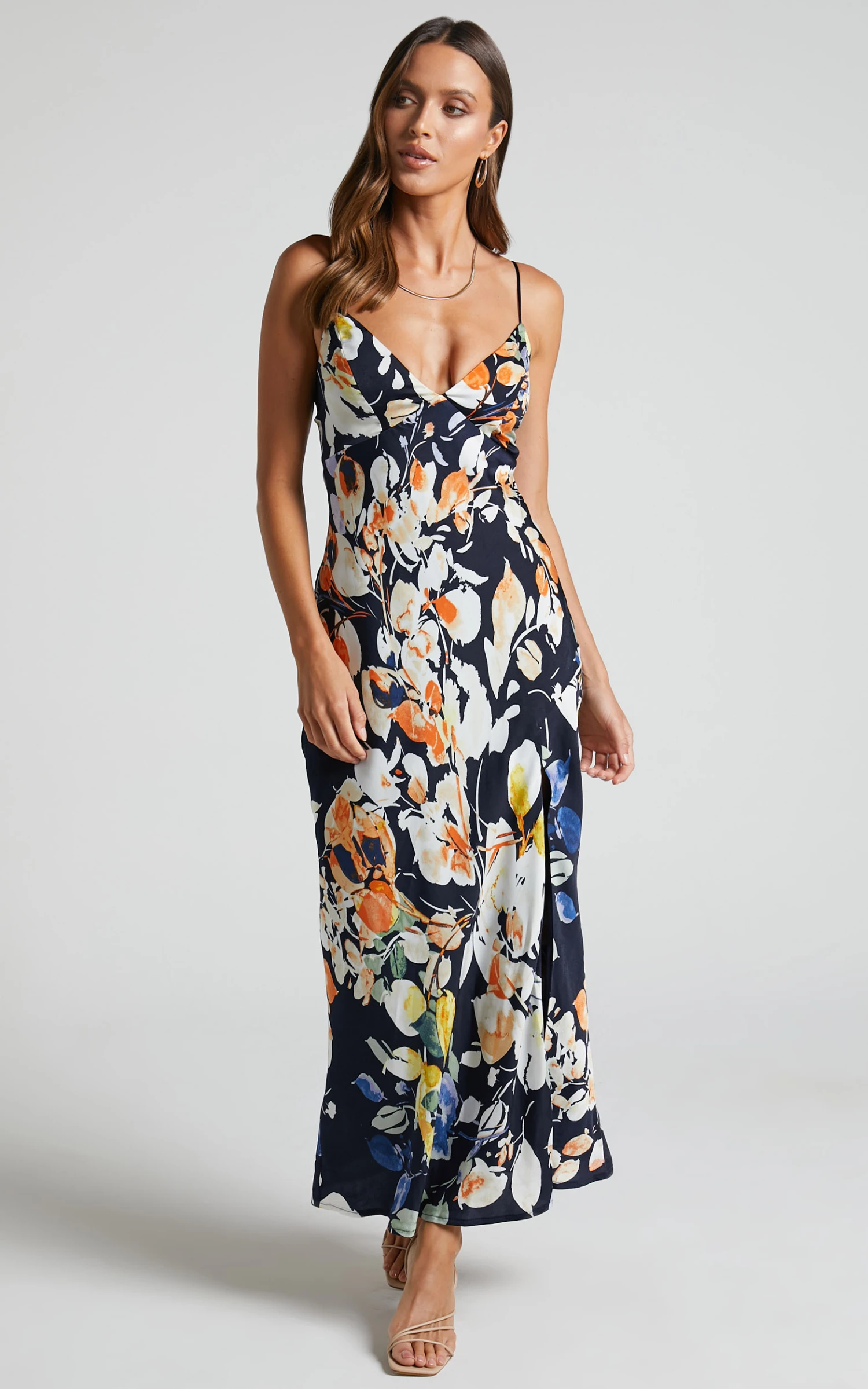 Showpo Jarrah Midi Dress - V Neck Thigh Split Slip Dress In Navy Floral 4 Showpo Jarrah Midi Dress - V Neck Thigh Split Slip Dress In Navy Floral - Image 4