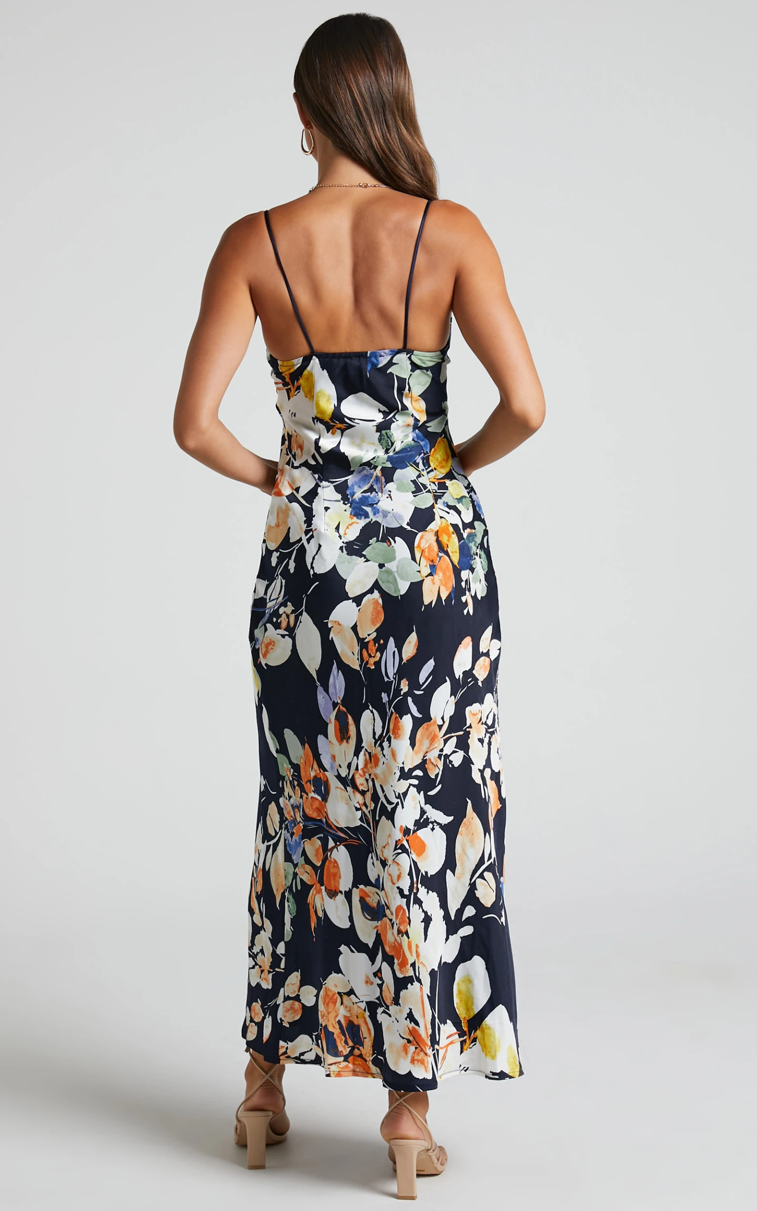 Showpo Jarrah Midi Dress - V Neck Thigh Split Slip Dress In Navy Floral 6 Showpo Jarrah Midi Dress - V Neck Thigh Split Slip Dress In Navy Floral - Image 6