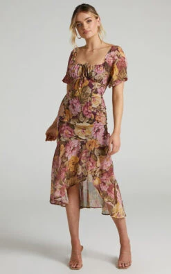 Showpo Jasalina Puff Sleeve Midi Dress In Classic Floral