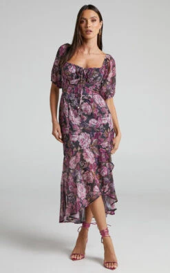 Showpo Jasalina Puff Sleeve Midi Dress In Harvest Floral