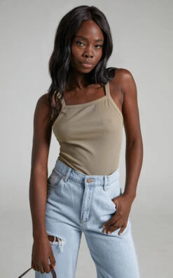 Showpo Jasper Ribbed Racerback Halter Top In Latte