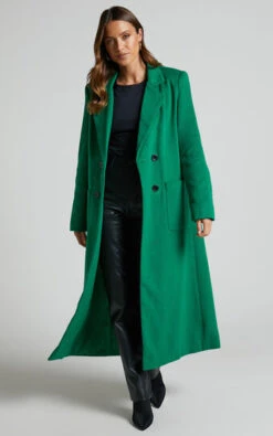 Showpo Jaya Double Breasted Collared Longline Coat In Green