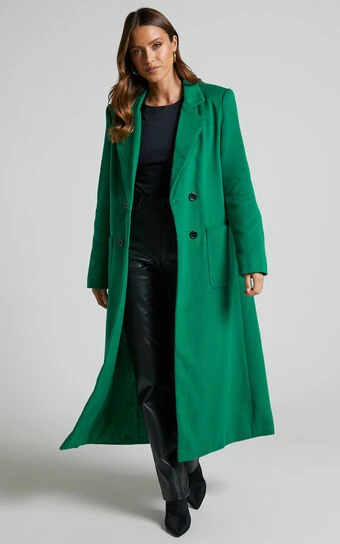 Showpo Jaya Double Breasted Collared Longline Coat In Green 1 Showpo Jaya Double Breasted Collared Longline Coat In Green