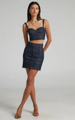 Showpo Jayeleh Denim Topstitched Mini Skirt In Indigo Wash