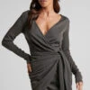 Showpo Jelena Mini Dress - Plunge Wrap Front Long Sleeve Dress In Dark Olive