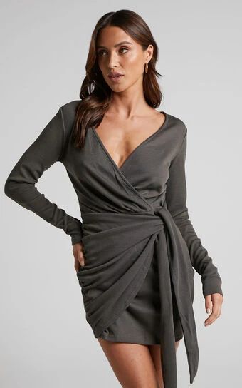 Showpo Jelena Mini Dress - Plunge Wrap Front Long Sleeve Dress In Dark Olive 1 Showpo Jelena Mini Dress - Plunge Wrap Front Long Sleeve Dress In Dark Olive