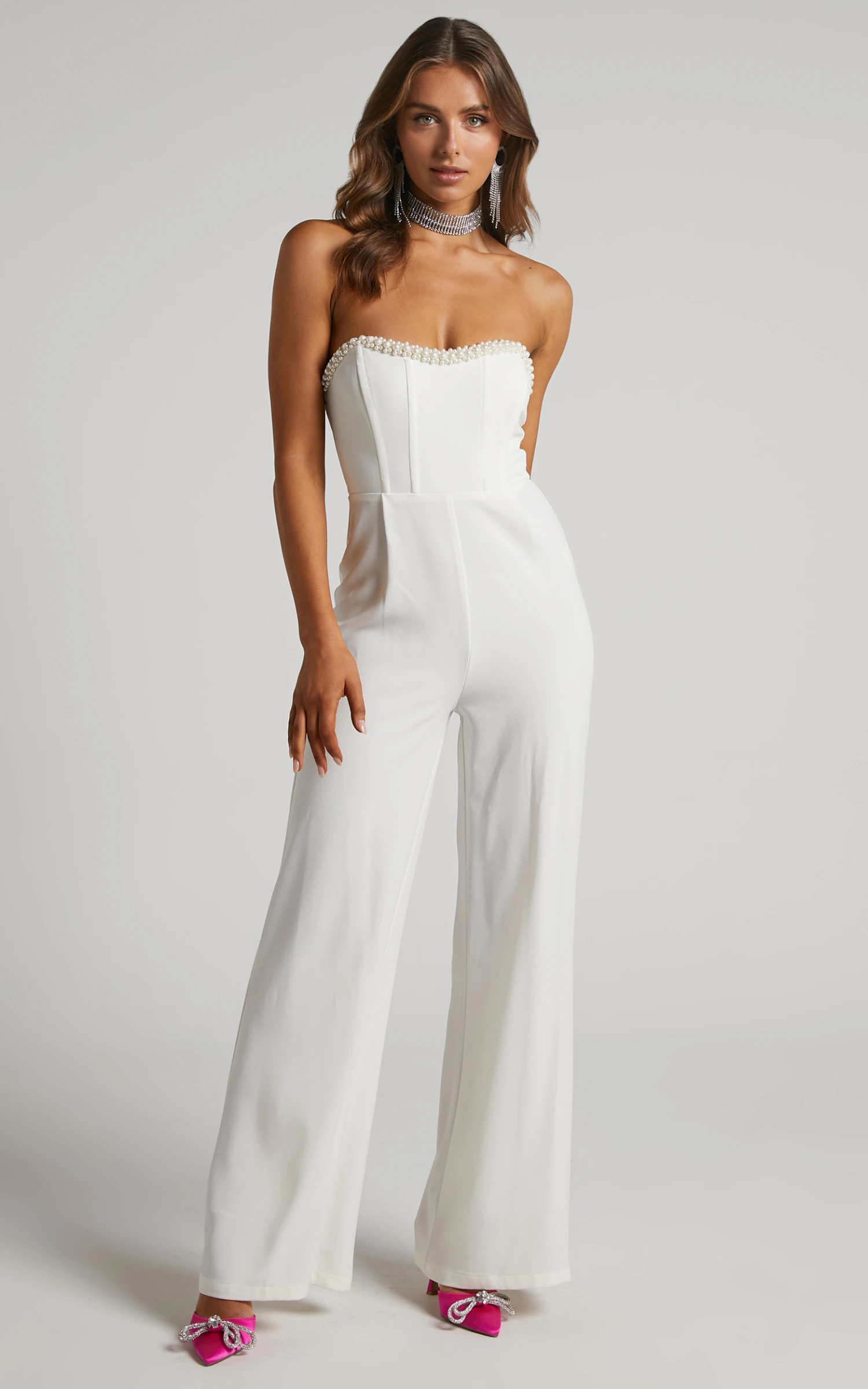 Showpo Jemmae Jumpsuit - Pearl Trim Strapless Wide Leg Jumpsuit In White 6 Showpo Jemmae Jumpsuit - Pearl Trim Strapless Wide Leg Jumpsuit In White - Image 6