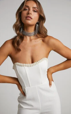 Showpo Jemmae Jumpsuit - Pearl Trim Strapless Wide Leg Jumpsuit In White 11 Showpo Jemmae Jumpsuit - Pearl Trim Strapless Wide Leg Jumpsuit In White -Showpo Women's Clothing Store Jemmae Pearl Trim Strapless Bustier Jumpsuit in White 2528SP22110002022529 10