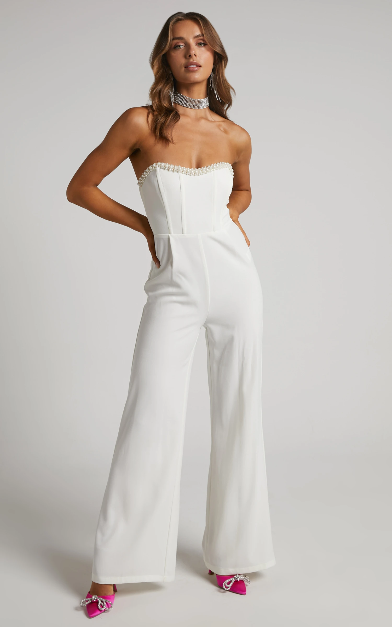 Showpo Jemmae Jumpsuit - Pearl Trim Strapless Wide Leg Jumpsuit In White 2 Showpo Jemmae Jumpsuit - Pearl Trim Strapless Wide Leg Jumpsuit In White - Image 2