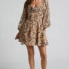 Showpo Jessell Mini Dress - Long Sleeve Cowl Corset Dress In Beige Floral