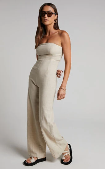 Showpo Jhaima Jumpsuit - Strapless Wide Leg Jumpsuit In Oatmeal 1 Showpo Jhaima Jumpsuit - Strapless Wide Leg Jumpsuit In Oatmeal