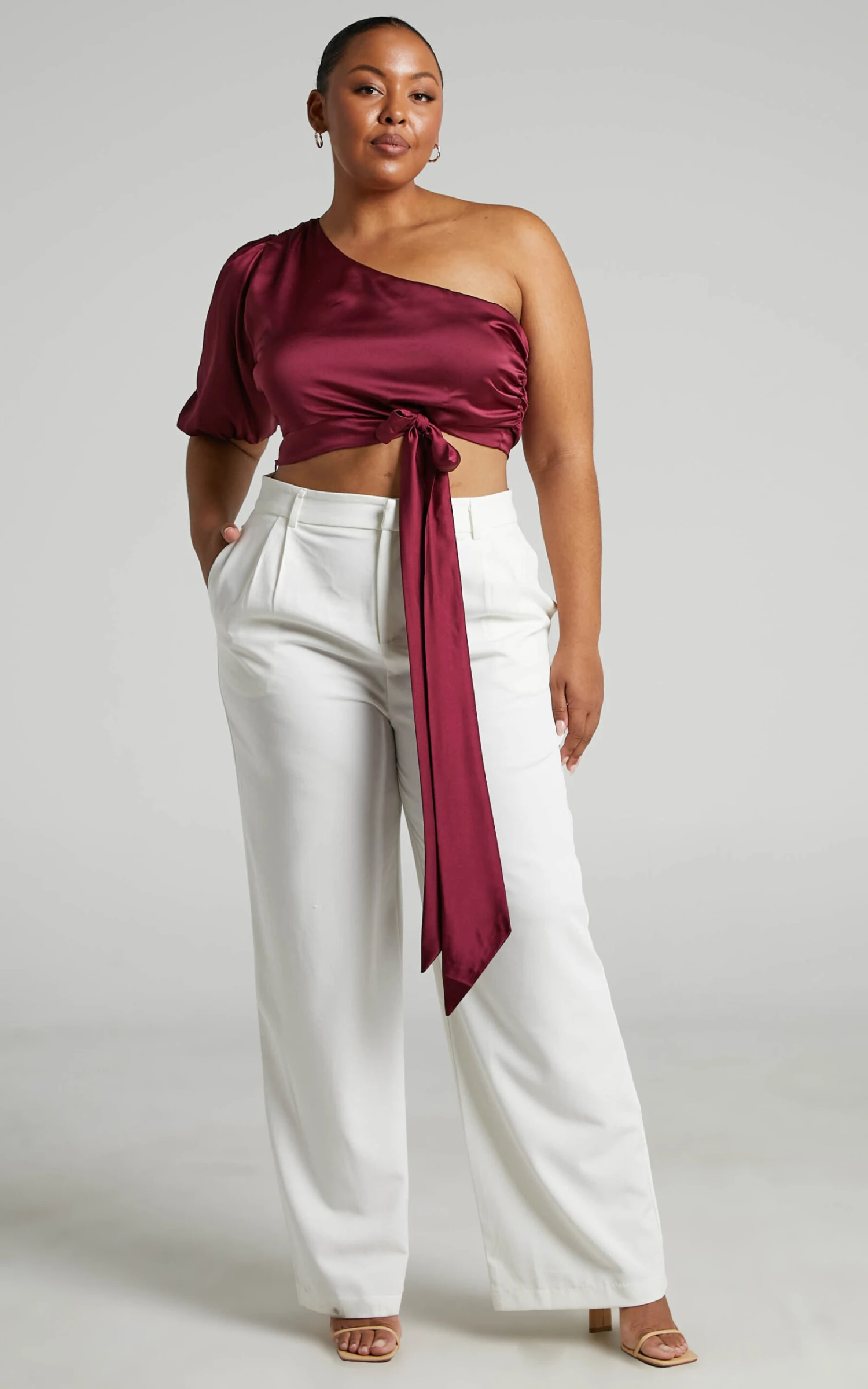 Showpo Jihyo Tie Waist Asymmetric One Shoulder Drape Puff Sleeve Top In Burgundy 3 Showpo Jihyo Tie Waist Asymmetric One Shoulder Drape Puff Sleeve Top In Burgundy - Image 3