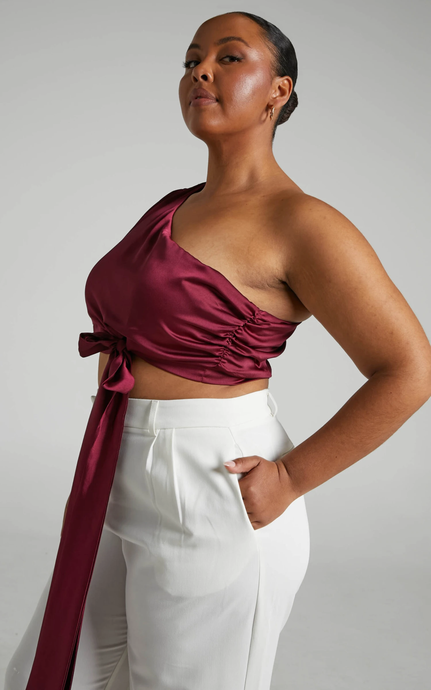 Showpo Jihyo Tie Waist Asymmetric One Shoulder Drape Puff Sleeve Top In Burgundy 5 Showpo Jihyo Tie Waist Asymmetric One Shoulder Drape Puff Sleeve Top In Burgundy - Image 5