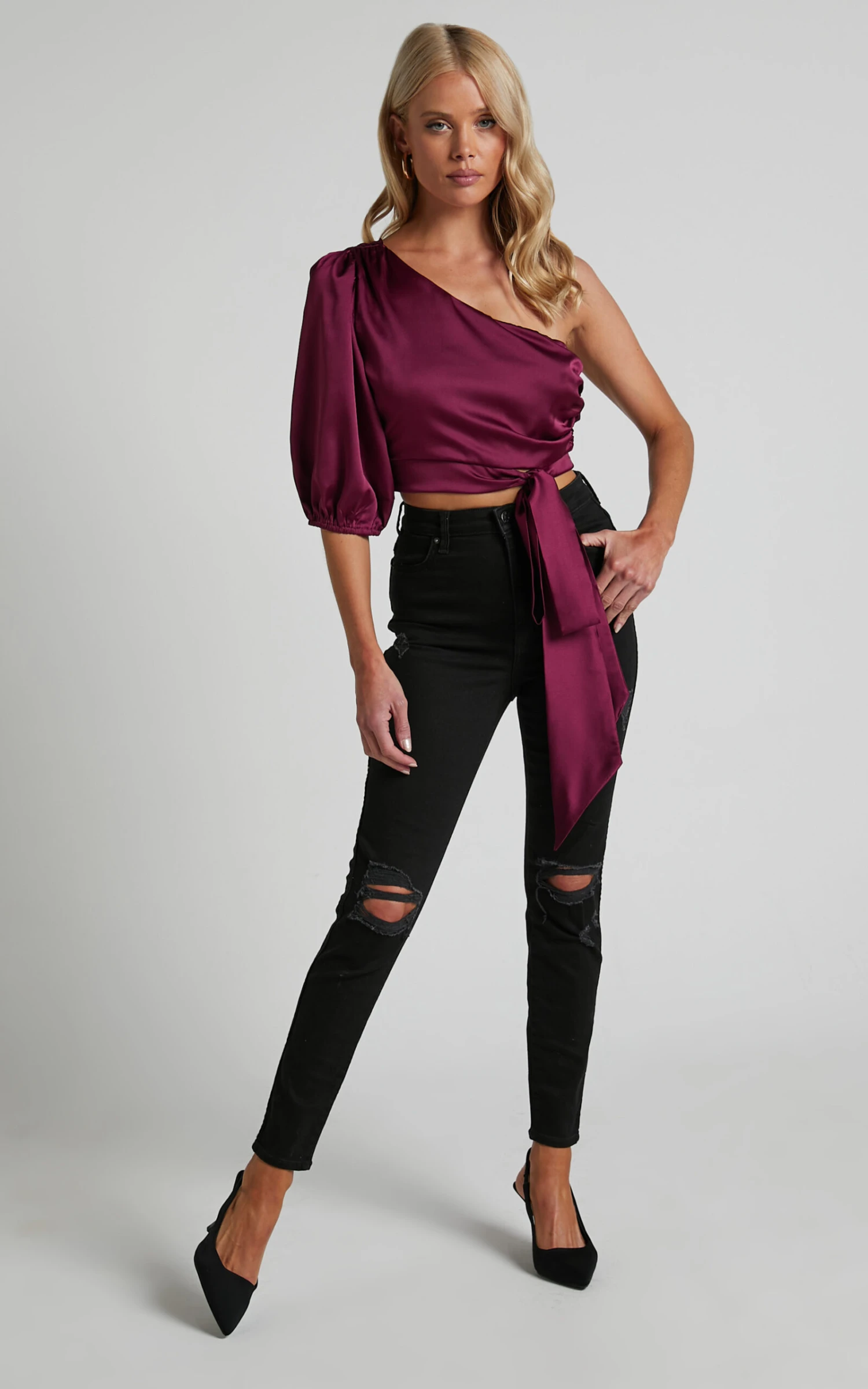 Showpo Jihyo Tie Waist Asymmetric One Shoulder Drape Puff Sleeve Top In Burgundy 4 Showpo Jihyo Tie Waist Asymmetric One Shoulder Drape Puff Sleeve Top In Burgundy - Image 4