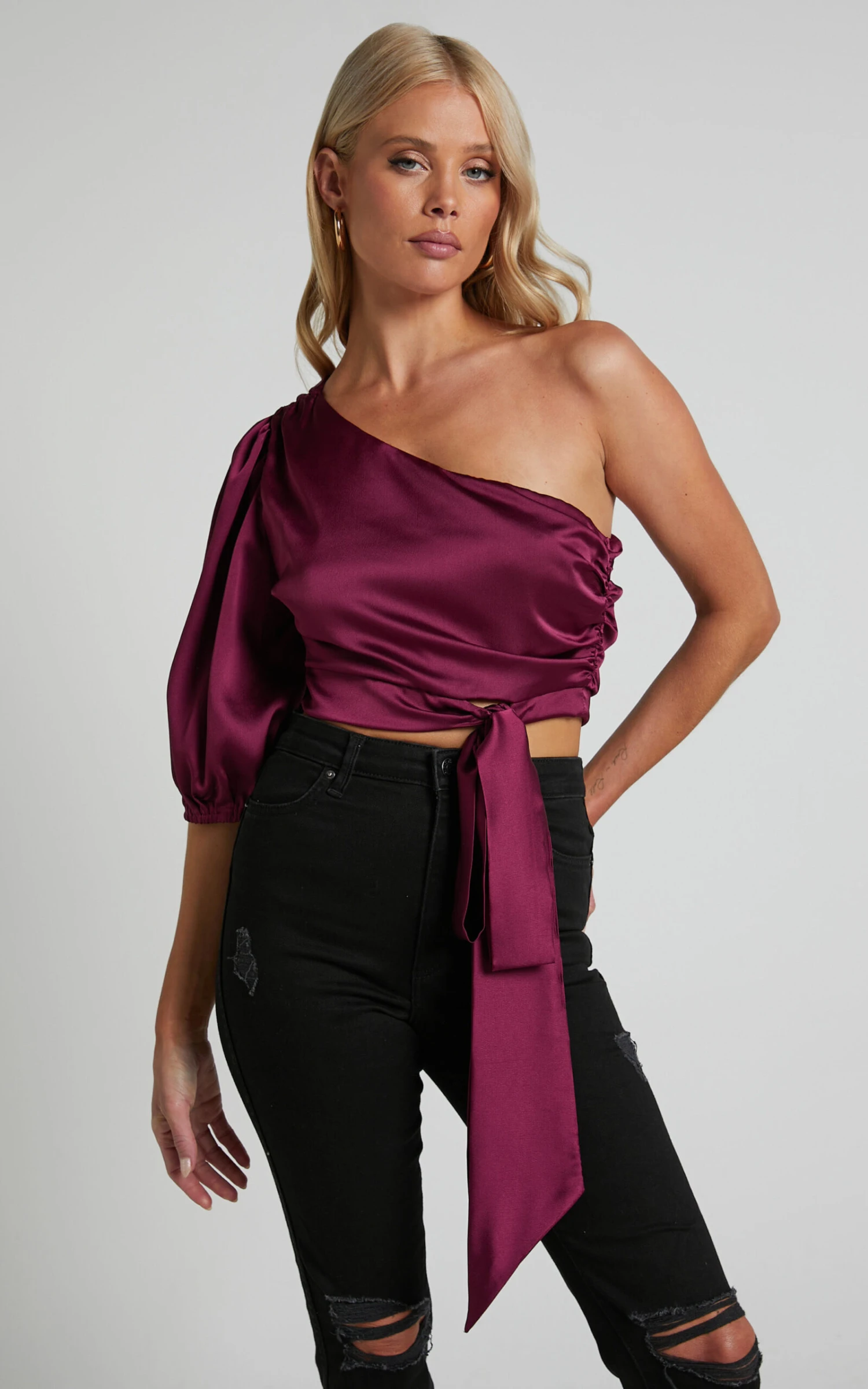 Showpo Jihyo Tie Waist Asymmetric One Shoulder Drape Puff Sleeve Top In Burgundy 2 Showpo Jihyo Tie Waist Asymmetric One Shoulder Drape Puff Sleeve Top In Burgundy - Image 2