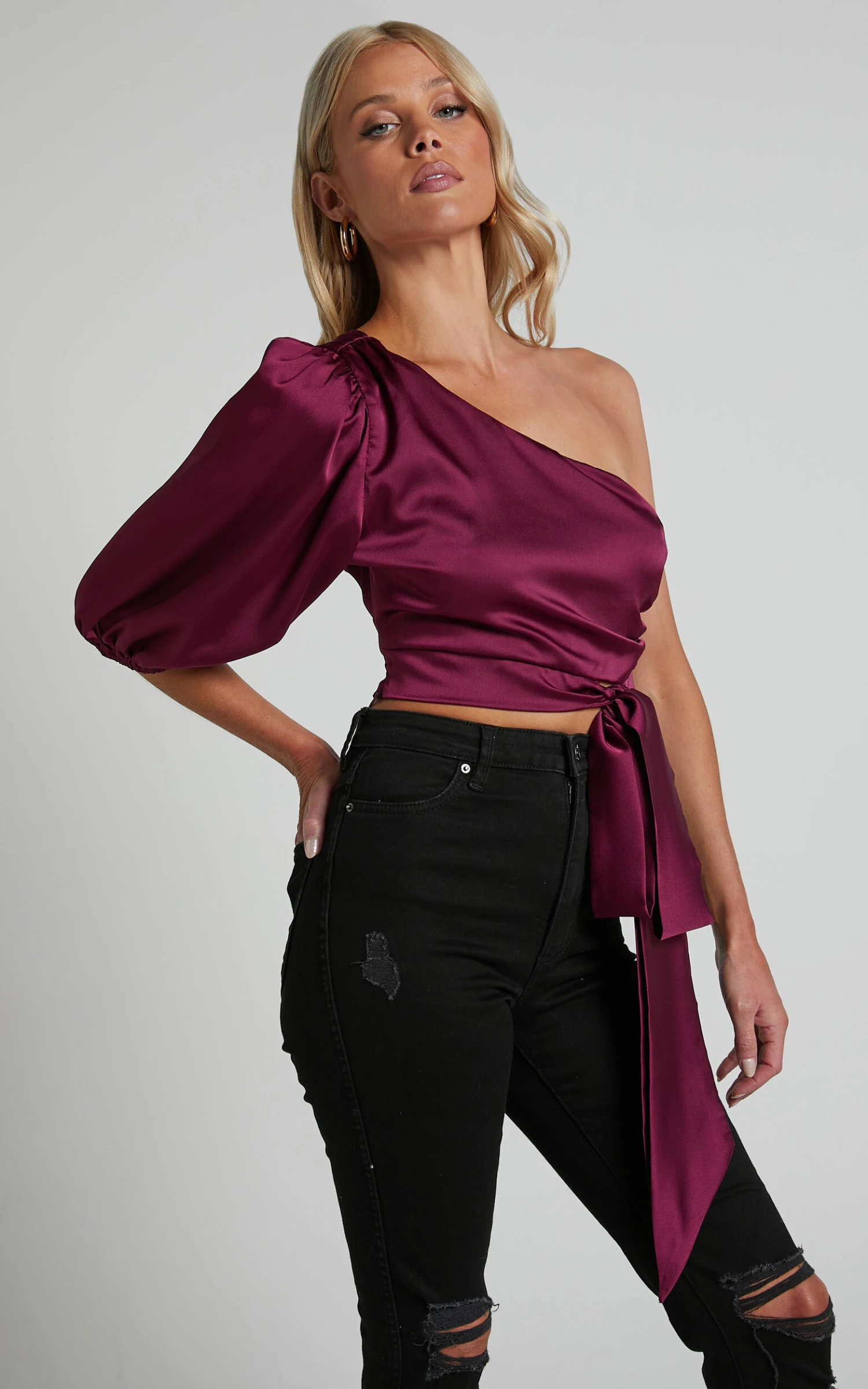 Showpo Jihyo Tie Waist Asymmetric One Shoulder Drape Puff Sleeve Top In Burgundy 6 Showpo Jihyo Tie Waist Asymmetric One Shoulder Drape Puff Sleeve Top In Burgundy - Image 6