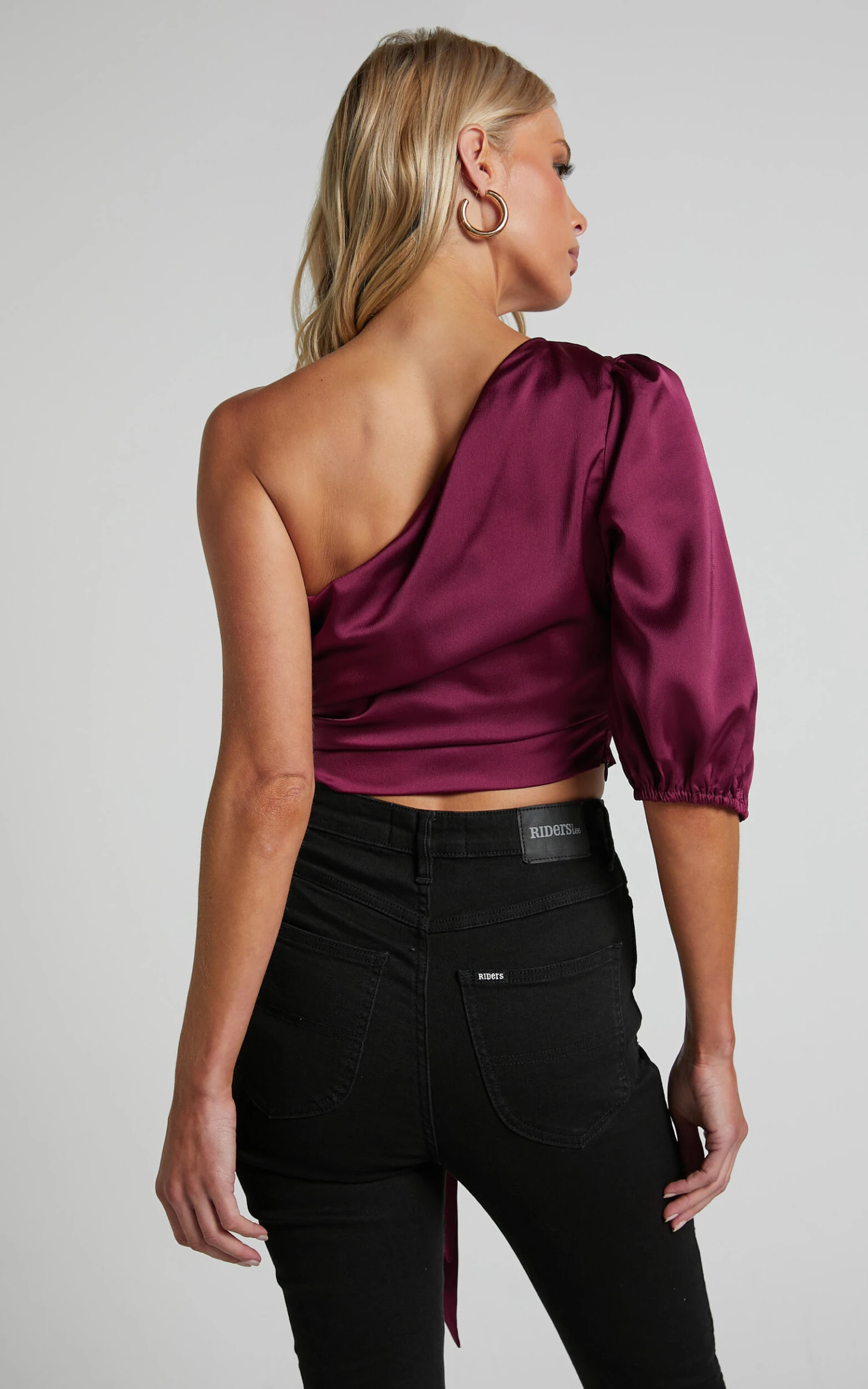 Showpo Jihyo Tie Waist Asymmetric One Shoulder Drape Puff Sleeve Top In Burgundy 7 Showpo Jihyo Tie Waist Asymmetric One Shoulder Drape Puff Sleeve Top In Burgundy - Image 7