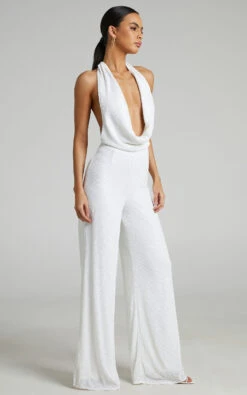 Showpo Julien Backless Wide Leg Cowl Neck Sequin Jumpsuit In White -Showpo Women's Clothing Store Julien Cowl Front Jumpsuit in Sequin in White 2528SP22060016012529 2