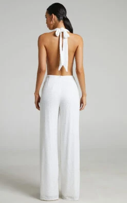 Showpo Julien Backless Wide Leg Cowl Neck Sequin Jumpsuit In White -Showpo Women's Clothing Store Julien Cowl Front Jumpsuit in Sequin in White 2528SP22060016012529 5