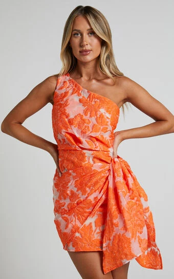 Showpo Kailey One Shoulder Wrap Front Mini Dress In Orange & Beige Jacquard 1 Showpo Kailey One Shoulder Wrap Front Mini Dress In Orange & Beige Jacquard