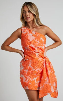 Showpo Kailey One Shoulder Wrap Front Mini Dress In Orange & Beige Jacquard 13 Showpo Kailey One Shoulder Wrap Front Mini Dress In Orange & Beige Jacquard -Showpo Women's Clothing Store Kailey One Shoulder Wrap Front Mini Dress in Orange Beige Jacquard 2