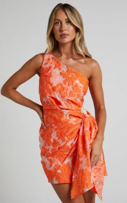 Showpo Kailey One Shoulder Wrap Front Mini Dress In Orange & Beige Jacquard 12 Showpo Kailey One Shoulder Wrap Front Mini Dress In Orange & Beige Jacquard -Showpo Women's Clothing Store Kailey One Shoulder Wrap Front Mini Dress in Orange Beige Jacquard 3