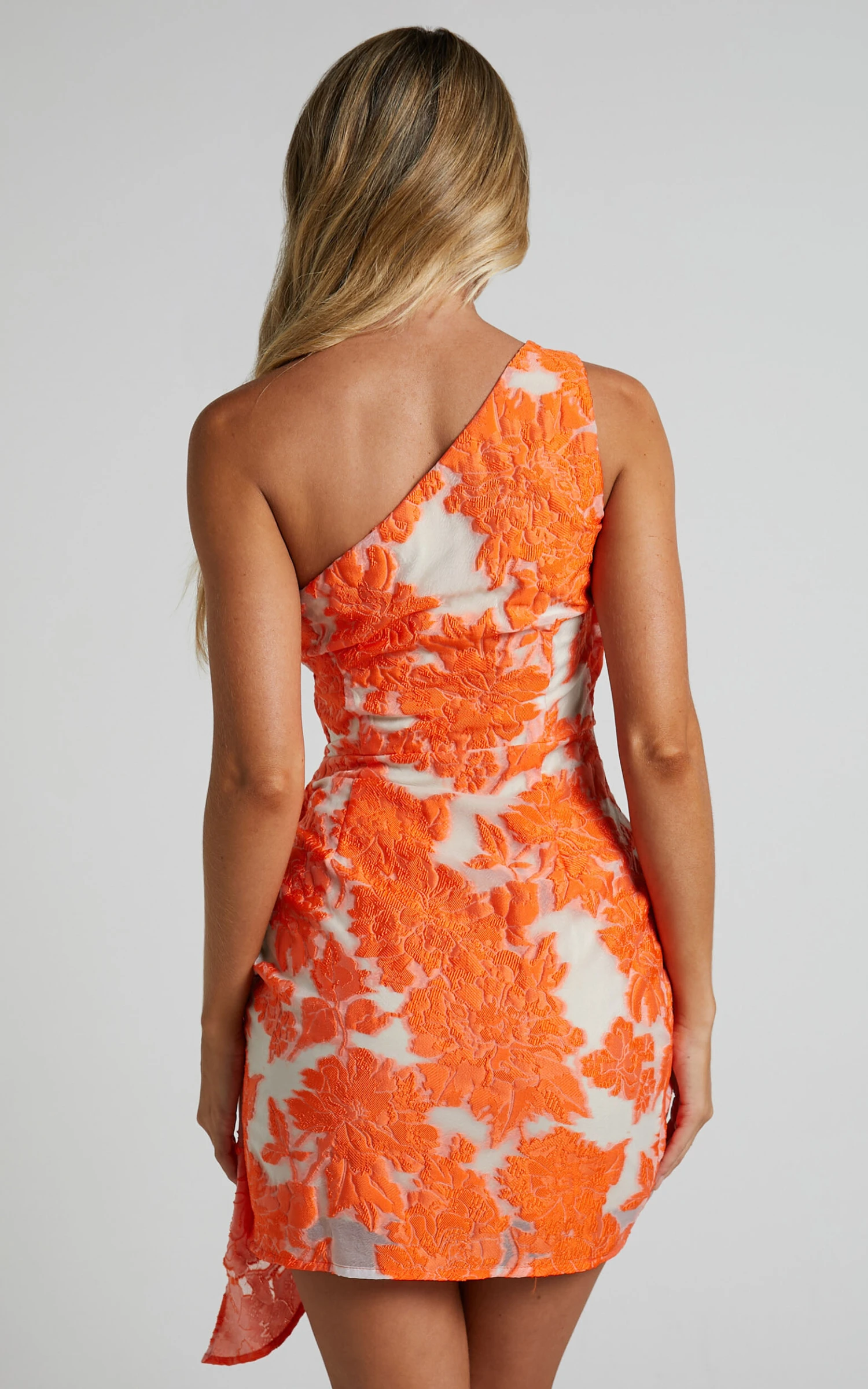 Showpo Kailey One Shoulder Wrap Front Mini Dress In Orange & Beige Jacquard 8 Showpo Kailey One Shoulder Wrap Front Mini Dress In Orange & Beige Jacquard - Image 8