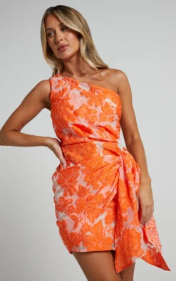 Showpo Kailey One Shoulder Wrap Front Mini Dress In Orange & Beige Jacquard 15 Showpo Kailey One Shoulder Wrap Front Mini Dress In Orange & Beige Jacquard -Showpo Women's Clothing Store Kailey One Shoulder Wrap Front Mini Dress in Orange Beige Jacquard 7
