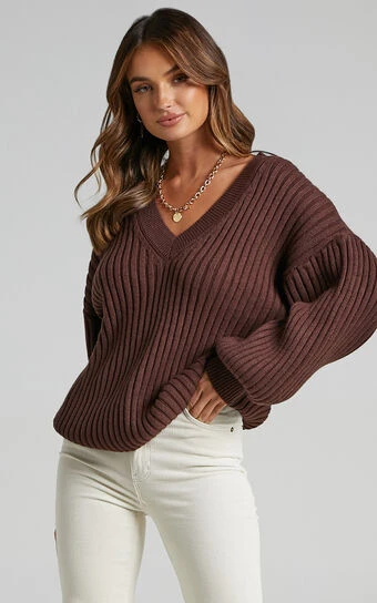 Showpo Kartia V Neck Jumper In Chocolate 1 Showpo Kartia V Neck Jumper In Chocolate