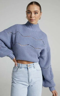 Showpo Kavitha High Neck Pointelle Knit Jumper In Light Blue