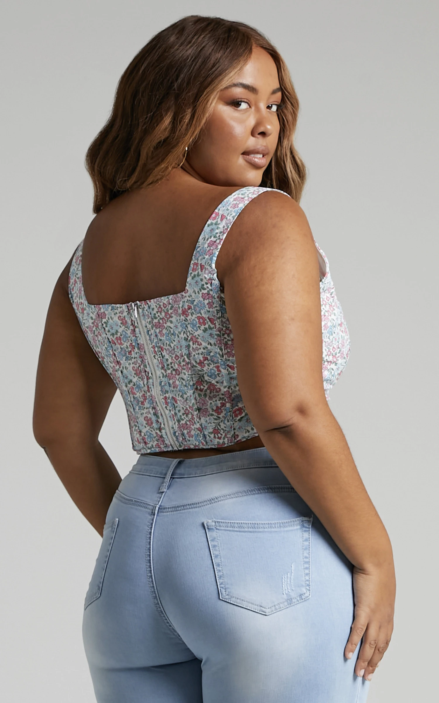 Showpo Keriana Top - Square Neck Cropped Corset In Purple Pink Floral - Image 6