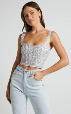 Showpo Keriana Top - Square Neck Cropped Corset In Purple Pink Floral