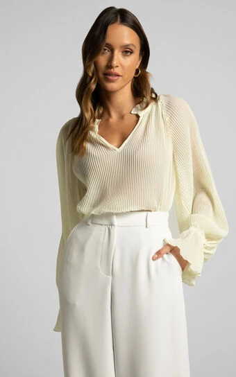 Showpo Kerray Top - V Neck Long Sleeve Pleated Top In Cream 1 Showpo Kerray Top - V Neck Long Sleeve Pleated Top In Cream
